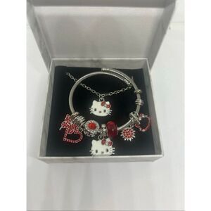 🎀 Hello Kitty Charm Bracelet – Silver Tone with Red Accents – Gift Box Included